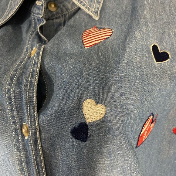Vintage Quizz New York Denim Shirt 22 Patriotic Embroider Hearts Short Sleeve‎ - Picture 3 of 5
